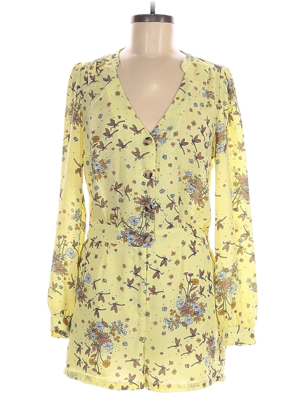 ModCloth Yellow Dragonfly Retro Floral Time to Suit Up Long Sleeve Romper - Picture 5 of 10